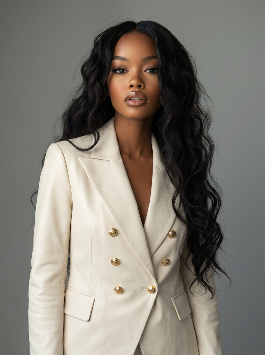 Heather- Black Leather Double Breasted Blazer