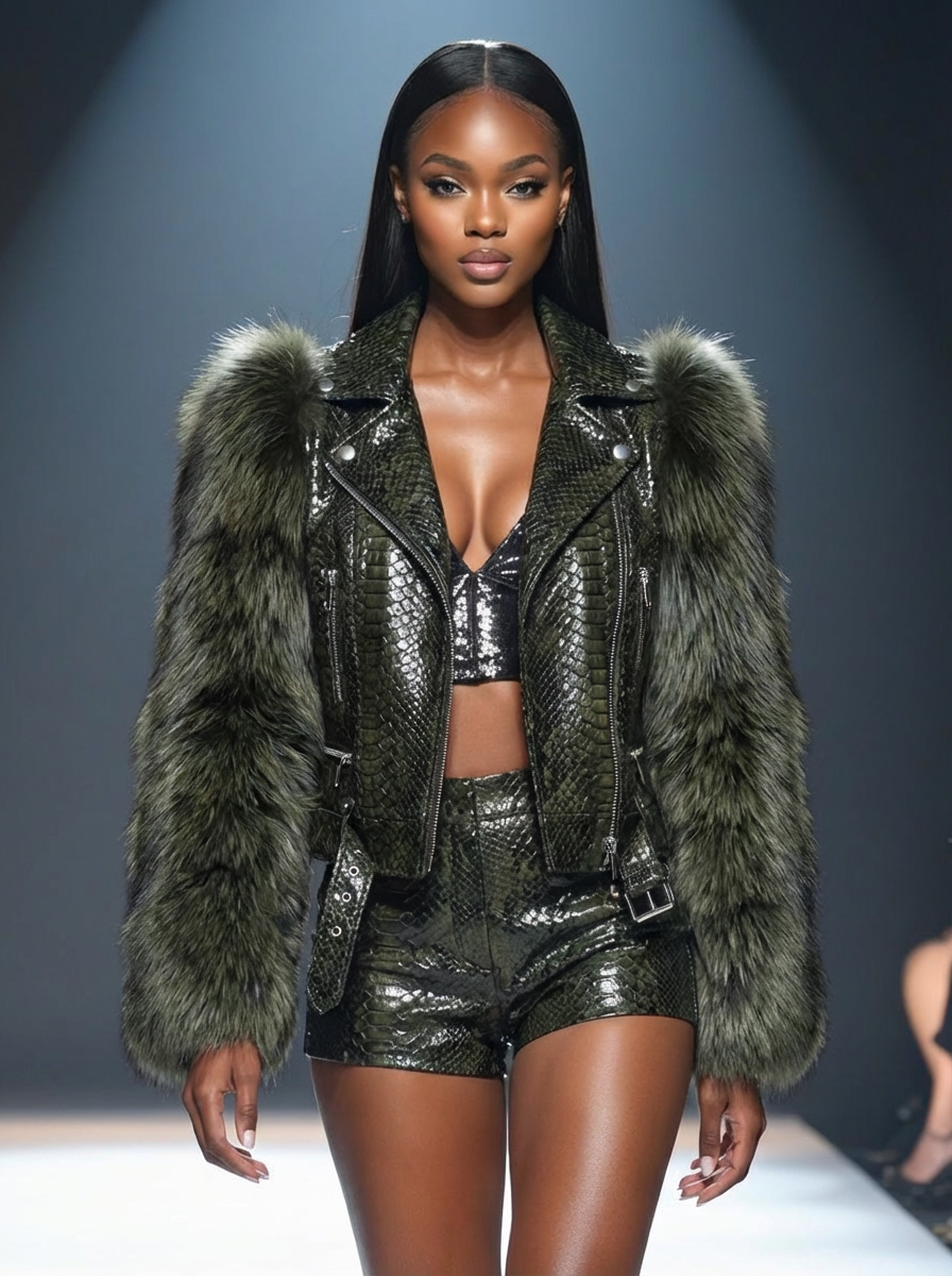 Carley- Genuine Fox Fur Python Embossed Jacket