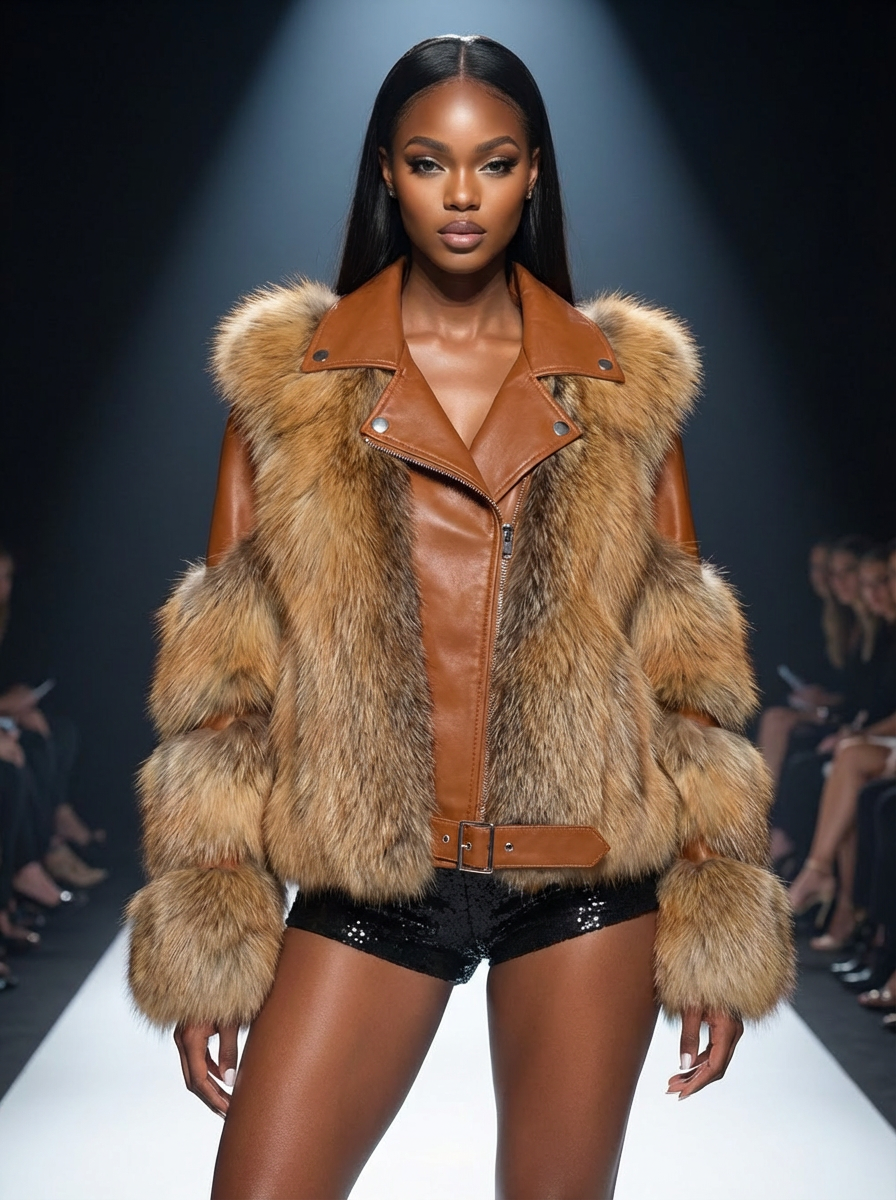 Farrah- Fox Trim Leather Moto Jacket